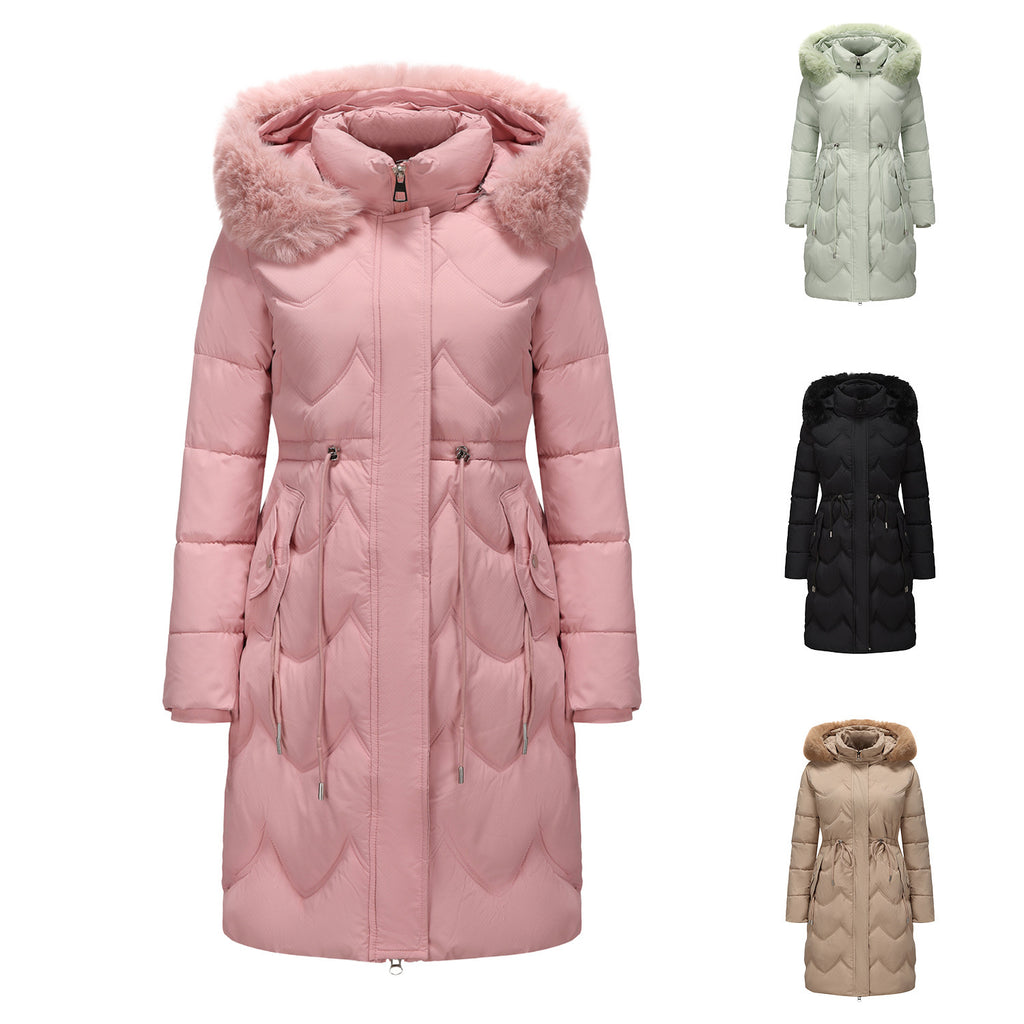 Big Fur Collar Mid-length Thickened Waist-cinching Cotton Coat